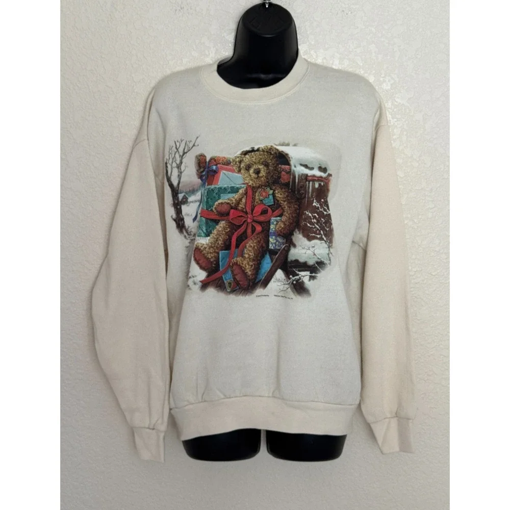 VTG 90s Christmas Sweater Teddy Bear Holiday Adult Medium Janet Kruskamp